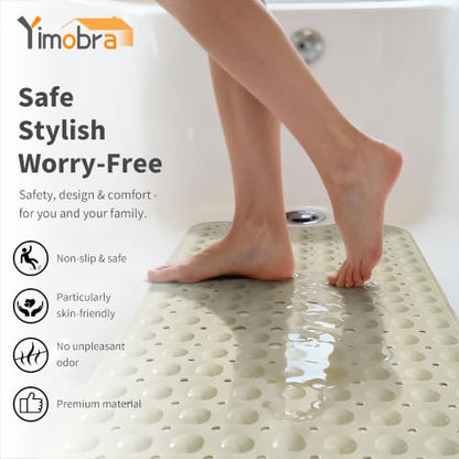Yimobra Non Slip Bathtub Mat 40 x 16 Inch, Extra Long Shower Mat with Drain Holes, Machine Washable Baby Bath Mats, Strong Suction Cups for Bathroom Floor, Beige - color: Beige