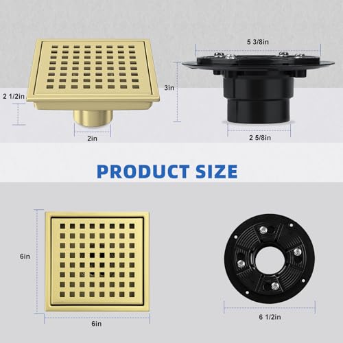 Gold Shower Drain 6 inch with Flange, Square Shower Drain with Removable Grate Cover, SUS 304 Stainless Steel, Brushed Gold - color: Brushed Gold, size: Square surface