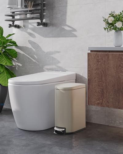 GarveeHome 2.6 Gallon Bathroom Trash Can, Space-Saving Slim Stainless Steel Step-On Garbage Bin with Soft Close Lid, Removable Inner Bucket for Bathroom & Bedroom, Sand Beige - color: Sand Beige, size: 2.6 Gallon