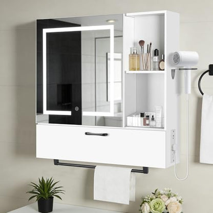 LED Lighting with Socket and USB Bathroom Medicine Mirror Cabinet,Color Changing Anti Fog Light Strip,Equipped with Hair Dryer Rack and Towel Rack,Embedded or Wall Mounted,White
