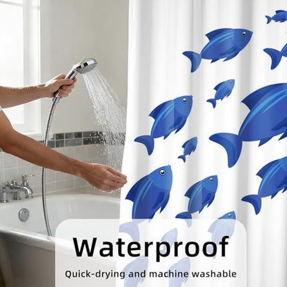 Yeele Blue School of Fish Shower Curtain, Nautical Coastal Ocean Print Shower Curtain Set, Waterproof Machine Washable Fabric Curtain 60x72 Inch with Hooks - color: Blue White 2, size: 60"Wx72"L