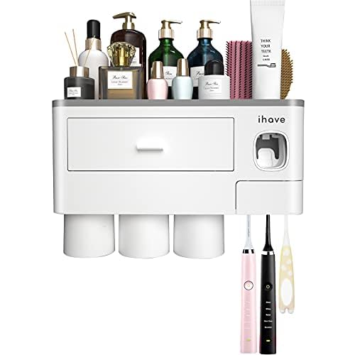 iHave Toothbrush Holders Wall Mounted with Toothpaste Dispenser & 3 Cups | All-in-One Bathroom Organizer: 3 Cups, 6 Slots, Toothpaste Dispenser, Large Tray & Drawer. Wall Mount, No Drilling Required - color: White, size: 3 cup