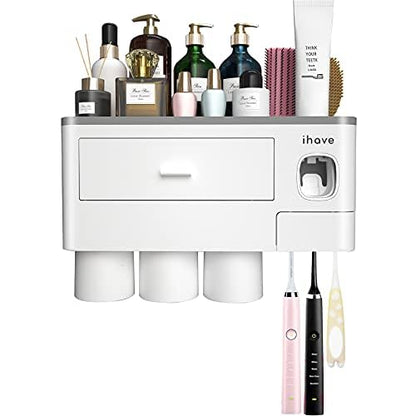 iHave Toothbrush Holders Wall Mounted with Toothpaste Dispenser & 3 Cups | All-in-One Bathroom Organizer: 3 Cups, 6 Slots, Toothpaste Dispenser, Large Tray & Drawer. Wall Mount, No Drilling Required - color: White, size: 3 cup