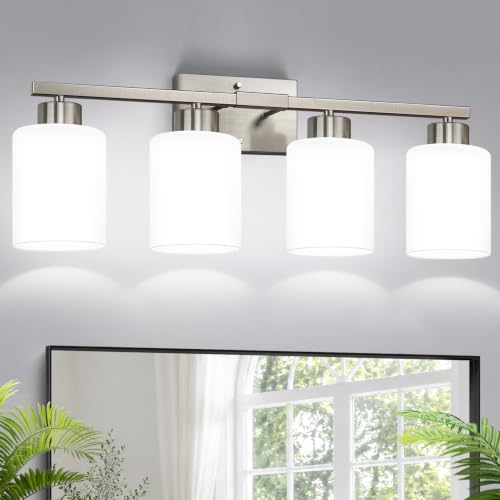 Brushed Nickel Bathroom Light Fixtures with Milk Glass Shades, Eye-Friendly 4 Light Vanity Lights for Bathroom, Vanity Lights with E26 Socket (Bulbs Not Included), for Mirror, Bedroom, Hallway - color: Brushed Nickel & Milk Glass, size: 4-light