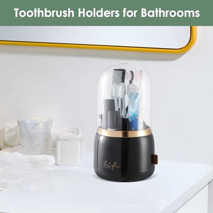 Toothbrush Holders, Toothbrush Holders for Bathrooms, Makeup Brush Holder | Toothbrush and Toothpaste Holder, Rotatable Toothbrush Holder with Transparent Dust Cover, Multi Drainage Vent Holes - color: Black