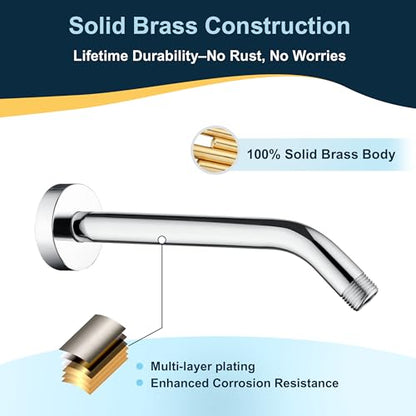 BRIGHT SHOWERS Shower Arm with Flange 10 Inches Solid Brass Shower Head Extension Arm, Wall Mounted Shower Pipe Arm for Rainfall Shower Head and Handheld Showerhead, Chrome - color: Chrome, style: Basic 10 Inch