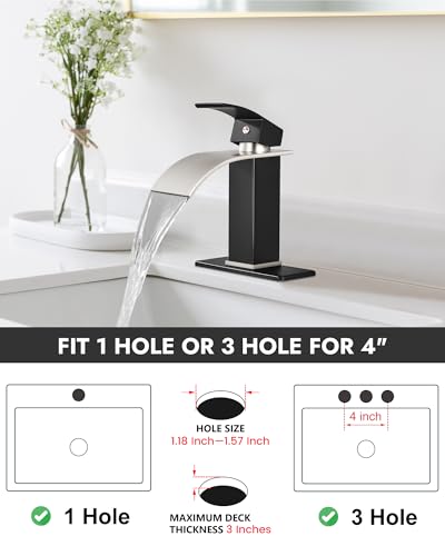 Midanya Waterfall Bathroom Faucet 1 Hole,Brushed Nickel Spout/Matte Black | with 24” Hoses,Pop Up Drain,6” Deck Plate,for 1 or 3 Hole Vanity,Lavatory,RV,Single Handle Bathroom Sink Faucet,NSF Certified - color: Nickel Spout/Black