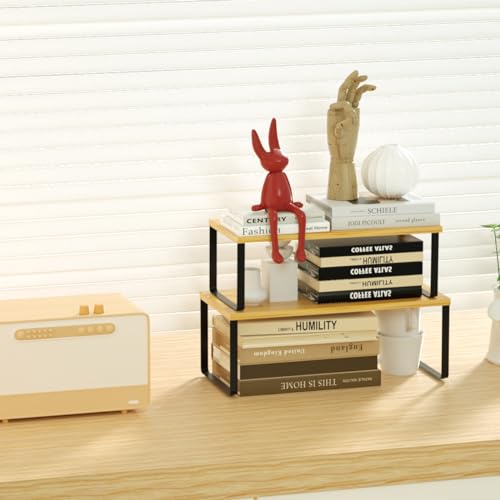 NEX Kitchen Cabinet and Counter Shelf Organizer, Stackable & Expandable, Set of 4, Black and Natural - 7.7 x 15.6 x 6.2'' - color: Black + Natural Beige, size: 15.6''W