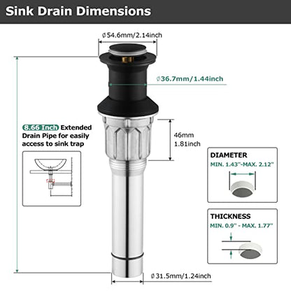 Bathroom Sink Drain Without Overflow, Metal Pop Up Drain for Vessel Sink, Matte Black, 2108604 - color: Matte Black, style: Without Overflow
