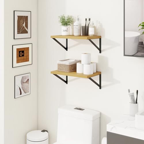 Deep Floating Shelves, 16'' x 10'' Oak Wall Shelves Set of 2 | 10 Inch Deep Shelves with Heavy Duty Brackets, Rustic Wood Shelves for Bathroom Living Room, Engineered Wood, 35LBS - color: Oak, size: 16W x 10D