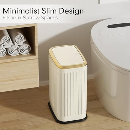 Bathroom Trash Can with Lid, 8L/2.1 Gallon Beige Trash Can Small Garbage Can with Press Top Lid Slim Stainless Steel Garbage Can with 100 Counts Trash Bags for Bathroom Bedroom Kitchen Office Toilet - color: Beige Stripe, size: Press-Top Trash Can