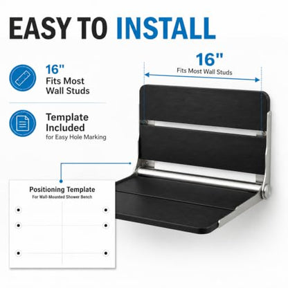 17.5'' Folding Shower Seat Wall Mounted, HDPS Fold Down Shower Bench for Inside Shower, Foldable Shower Stool, Waterproof Wall Mount Bathroom Seating Chair, 400LBS Weight Capacity, Black - color: Black