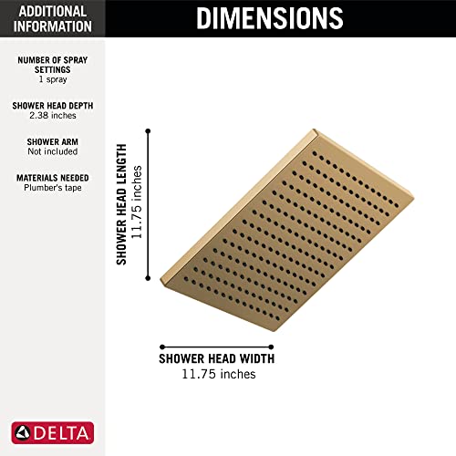 Delta Brushed Gold Square Rain Shower Head, 12 Inch Metal Large Shower Head Rainfall, Overhead Rain Showerhead, 2.5 GPM Flow Rate, Lumicoat Champagne Bronze 52159-CZ-PR25 - color: Champagne Bronze