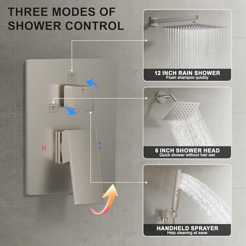 Rain Shower System 12" & 6" Dual Shower Heads, Wall Mount Shower Faucet Set | Ideal for bathroom remodels and upgrades with 12" rain shower, 6" angled shower, handheld spray and complete valve kit. - color: Brushed Nickel, size: Wall Mounted - 12"+6" Show