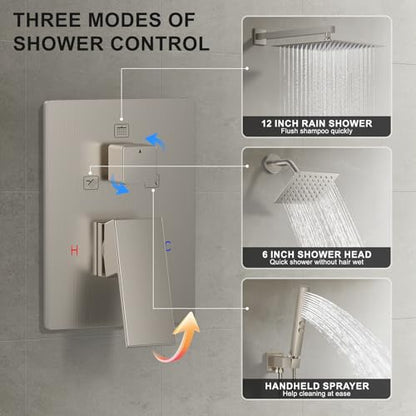 Rain Shower System 12" & 6" Dual Shower Heads, Wall Mount Shower Faucet Set | Ideal for bathroom remodels and upgrades with 12" rain shower, 6" angled shower, handheld spray and complete valve kit. - color: Brushed Nickel, size: Wall Mounted - 12"+6" Show