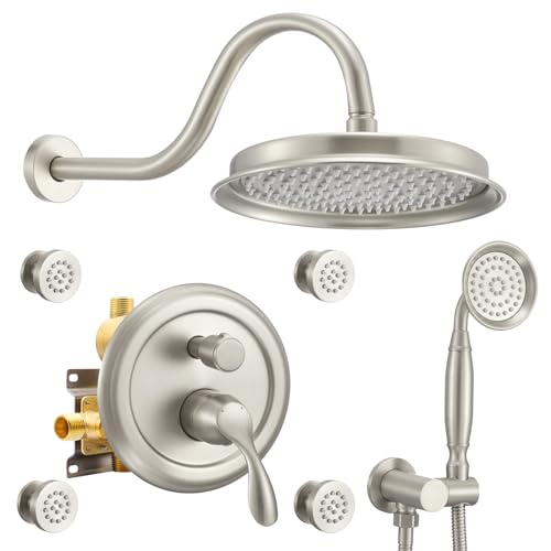 DASAN Antique Shower Faucet Sets Complete Rain Shower System in Wall with Body Shower Spray Jets, Brushed Nicke Shower Fixtures with Rainfall Overhead Shower, Handheld, Valve & Trim Kit, AT249W-BN - color: Brushed Nickel