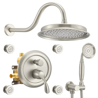 DASAN Antique Shower Faucet Sets Complete Rain Shower System in Wall with Body Shower Spray Jets, Brushed Nicke Shower Fixtures with Rainfall Overhead Shower, Handheld, Valve & Trim Kit, AT249W-BN - color: Brushed Nickel