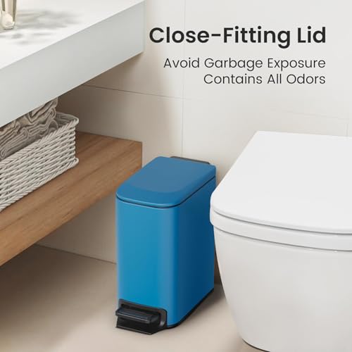 Cesun Small Bathroom Trash Can with Lid, 1.6 Gal, Soft Close, Blue | Step pedal soft close, Slim 5.9in fits narrow spaces, Stainless steel, Anti-fingerprint, Removable inner bucket, Odor seal - color: Blue