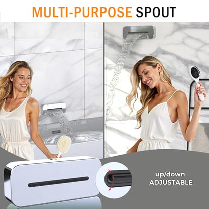 Thermostatic Digital Dual Rain Heads Tub Shower System Can Run Together | 4-Way Shower Faucts Set with Waterfall Spout, 12" Rainfall + 6" Tilted Shower and Brass Handheld, Chrome - color: Chrome, style: 12” + 6" + Spout