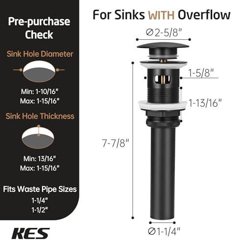 KES Bathroom Sink Drain with Overflow Pop Up Matte Black Brass & Stainless | 304 Stainless Steel & Brass Pop-Up, Rustproof 3-Piece Anti-Leak Seal, Fits 1.6-1.9" Hole, Adapter & PTFE Tape Included - color: Matte Black, style: With Overflow, 1 Pack