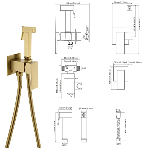 Handheld Bidet Sprayer Head Warm Water Mixing Kit Brushed Gold Brass | Square Bidet Hand Held Sprayer Shattaf Bathroom Attachment for Toilet with Concealed Hot and Cold Mixing Valve - color: Brushed Gold