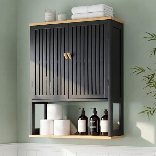 Bathroom Wall Cabinet with Bamboo Doors, 24 x 30 Inch, Black | Above-toilet medicine cabinet with an adjustable shelf, open bottom shelf, and French cleat mount. - color: Black-1, size: 24x30