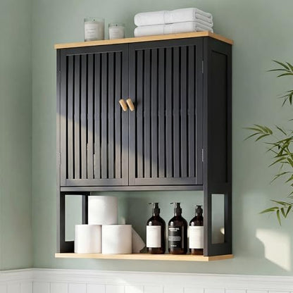 Bathroom Wall Cabinet with Bamboo Doors, 24 x 30 Inch, Black | Above-toilet medicine cabinet with an adjustable shelf, open bottom shelf, and French cleat mount. - color: Black-1, size: 24x30