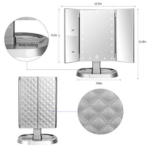 Trifold Lighted Vanity Makeup Mirror with 21 LED Lights,1/2/3 Magnification and Dimming,Two Power Supplies Makeup Mirror,Gift for Women - color: Silver