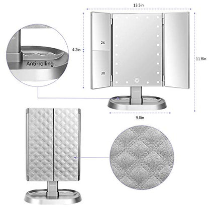 Trifold Lighted Vanity Makeup Mirror with 21 LED Lights,1/2/3 Magnification and Dimming,Two Power Supplies Makeup Mirror,Gift for Women - color: Silver