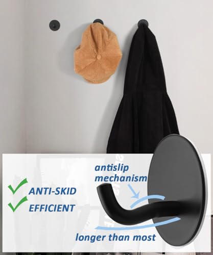 Matte Black Adhesive Towel Hooks 6 Pack Heavy Duty Wall Hooks for Hanging Robes, Loofah, Towels, Clothes Coat Hooks Stick on Bathroom or Kitchen Stainless Steel