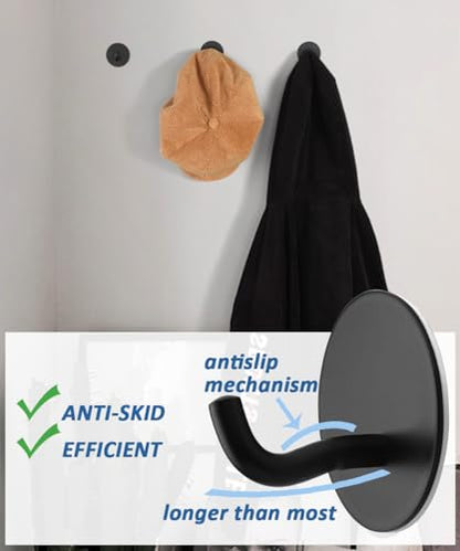 Matte Black Adhesive Towel Hooks 6 Pack Heavy Duty Wall Hooks for Hanging Robes, Loofah, Towels, Clothes Coat Hooks Stick on Bathroom or Kitchen Stainless Steel