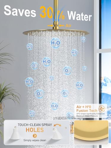 Woindo Shower Faucet Set with Slide Bar, 12" Rain Shower Head/8'' Side Shower Head and 10 Setting Handheld Ceiling Mount 3 Push Button Diverter Complete Rainfall Shower System Included Valve Trim Kit - color: Brushed Gold, style: 12"-R-Ceiling-02