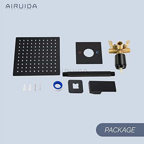 Airuida 10 Inch Matte Black Shower Faucet Set,Rainfall Shower System | Ceiling Shower Head,Male Thread Rough-in Valve,Ceiling Mount,Single Handle - color: Matte Black, size: 10 Inch