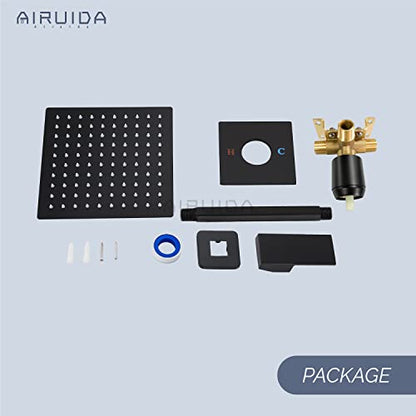 Airuida 10 Inch Matte Black Shower Faucet Set,Rainfall Shower System | Ceiling Shower Head,Male Thread Rough-in Valve,Ceiling Mount,Single Handle - color: Matte Black, size: 10 Inch