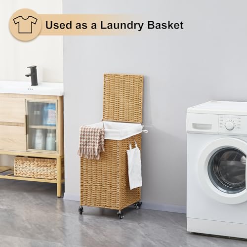 Handwoven Hamper with Lid, Laundry Basket with Wheels, Machine Washable Liner, Clothes Hamper for Bathroom Laundry Room Bedroom(Rattan, 78L) - color: Rattan/With Lid/78L