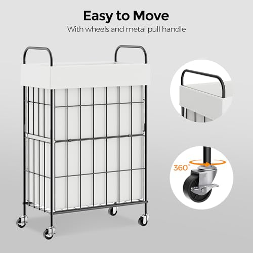 60L Slim Laundry Hamper with Wheels, Laundry Basket with Liner Bag | Lockable Rolling Casters; Reinforced Steel Frame; Breathable Fabric Construction; Space-Efficient Design - color: White, size: 60L-1 Section