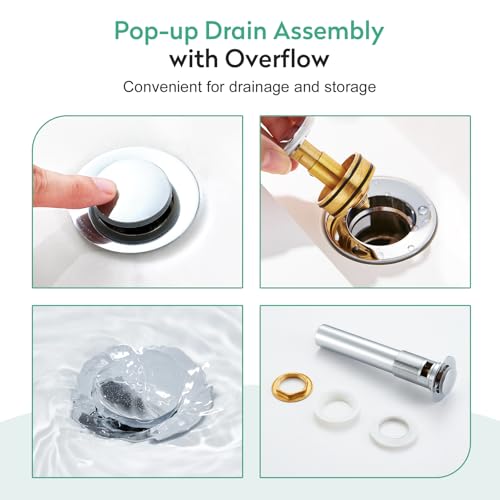 Faustina Polished Chrome Bathroom Faucet, Single Handle Stainless Steel Bathroom Vanity Faucet with Metal Pop-Up Drain and Deck Plate for 1 or 3 Hole - color: Chrome, style: Classic