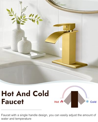 Midanya Waterfall Bathroom Faucet 1 Hole,Gold | with 24” Hoses,Pop Up Drain,6” Deck Plate,for 1 or 3 Hole Vanity,Lavatory,RV,Single Handle Bathroom Sink Faucet,NSF Certified - color: Gold