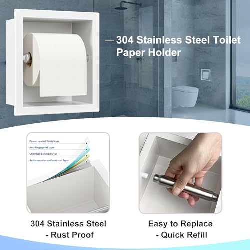 Neodrain White Recessed Toilet Paper Holder,for Standard/Mega Roll | 304 Stainless Steel,Built-in Wall Toilet Paper Holder ,Stylish Mega Roll Tissue Dispenser for Bathroom, RV - color: White