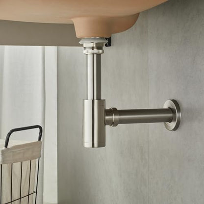 Bathroom Basin Sink Waste P-Trap Drain Kit, Adjustable Bottle Trap with Pop Up Drain Stopper with Overflow, Brushed Nickel