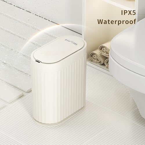 MRBIN Small Trash Can for Bathroom, Automatic Touch Less Garbage Bin with Lid, 2 Gallon Plastic Slim Waste Basket for Office and Kitchen, Electric Motion Sensor Bedroom Bin, Cream White - color: White, style: Acrylonitrile Butadiene Styrene