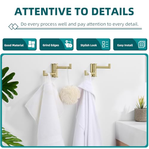 Suyar Brushed Gold Double Towel Hook, Swivel Coat Robe Holder for Bathroom | SUS304 Stainless Steel Wall Hook, Shower Bath Towel Hanger, Space-Saving Design, Wall Mounted, 2 Pack - color: Brushed Gold, size: 2 Pack