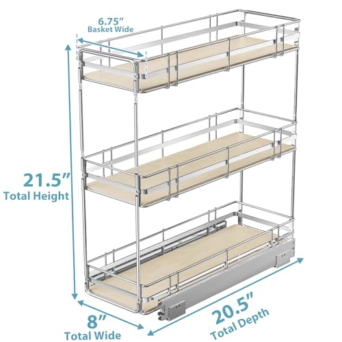 Pull Out Spice Rack Cabinet Organizer 8" W x 20½" D, 3 Tier Heavy Duty Slide Out Wood Shelf for Narrow Cabinet, Pull Out Storage for Kitchen - size: 8" W x 20½" D