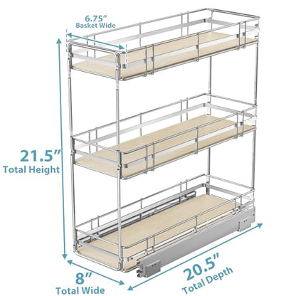 Pull Out Spice Rack Cabinet Organizer 8" W x 20½" D, 3 Tier Heavy Duty Slide Out Wood Shelf for Narrow Cabinet, Pull Out Storage for Kitchen - size: 8" W x 20½" D