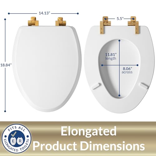 Mayfair Bennett Toilet Seat with Brushed Gold Hinges, Slow Close Wood Seat, Secure Metal Hinges, Easy Install, Made in USA, Elongated, White - color: Gold, size: Elongated
