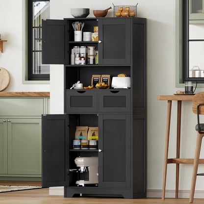 Iwell 57.8" H Tall Storage Cabinet with 2 Drawers & 2 Adjustable Shelves, Kitchen Cabinet with 4 Doors, Tall Cabinet for Living Room, Dining Room, Entryway, Black - color: Black-4 Shelves