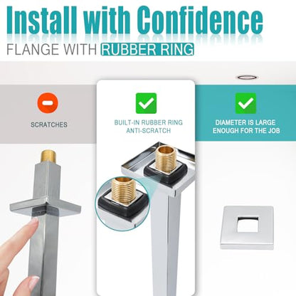 Chrome Shower Arm with Flange and Teflon Tape for High Ceiling or Fixed Rain Showerhead, Universal Connection 16-inch Square Straight Shower Head Extender Extension Pipe, 304 Stainless Steel - color: Chrome, style: 16inch