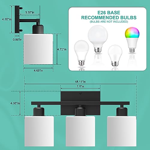 Black Bathroom Light Fixtures Over Mirror 18 Inches | Rustproof 3-Light Vanity Lights Over Mirror, E26 Standard Socket, Milky White Glass Shades, Bulbs Not Included - color: Black-3 Light
