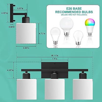 Black Bathroom Light Fixtures Over Mirror 18 Inches | Rustproof 3-Light Vanity Lights Over Mirror, E26 Standard Socket, Milky White Glass Shades, Bulbs Not Included - color: Black-3 Light