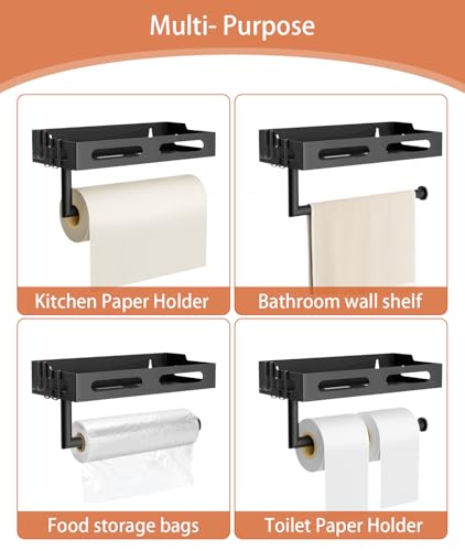 Paper Towel Holder Wall Mount for Kitchen, One-Handed Tear, Bathroom Paper Towel Holder with Shelf, RV Paper Towel Rack Wall Mount Paper Roll Holder with 4 Hooks, Matte Black - color: Matte Black